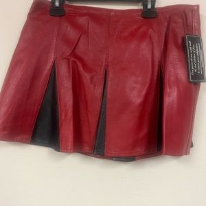 Pleated Mini Leather skirt, Lamb skin Pleated Skirt Red & Black Color- Size: M
